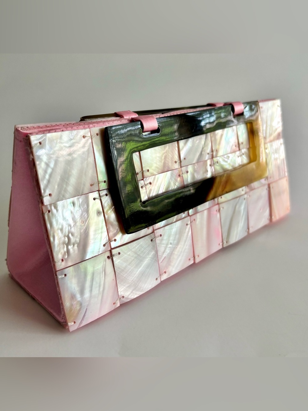 Pink Iridescent Shell Tile Mini Bag with Rectangular Handle - Picture 2 of 11